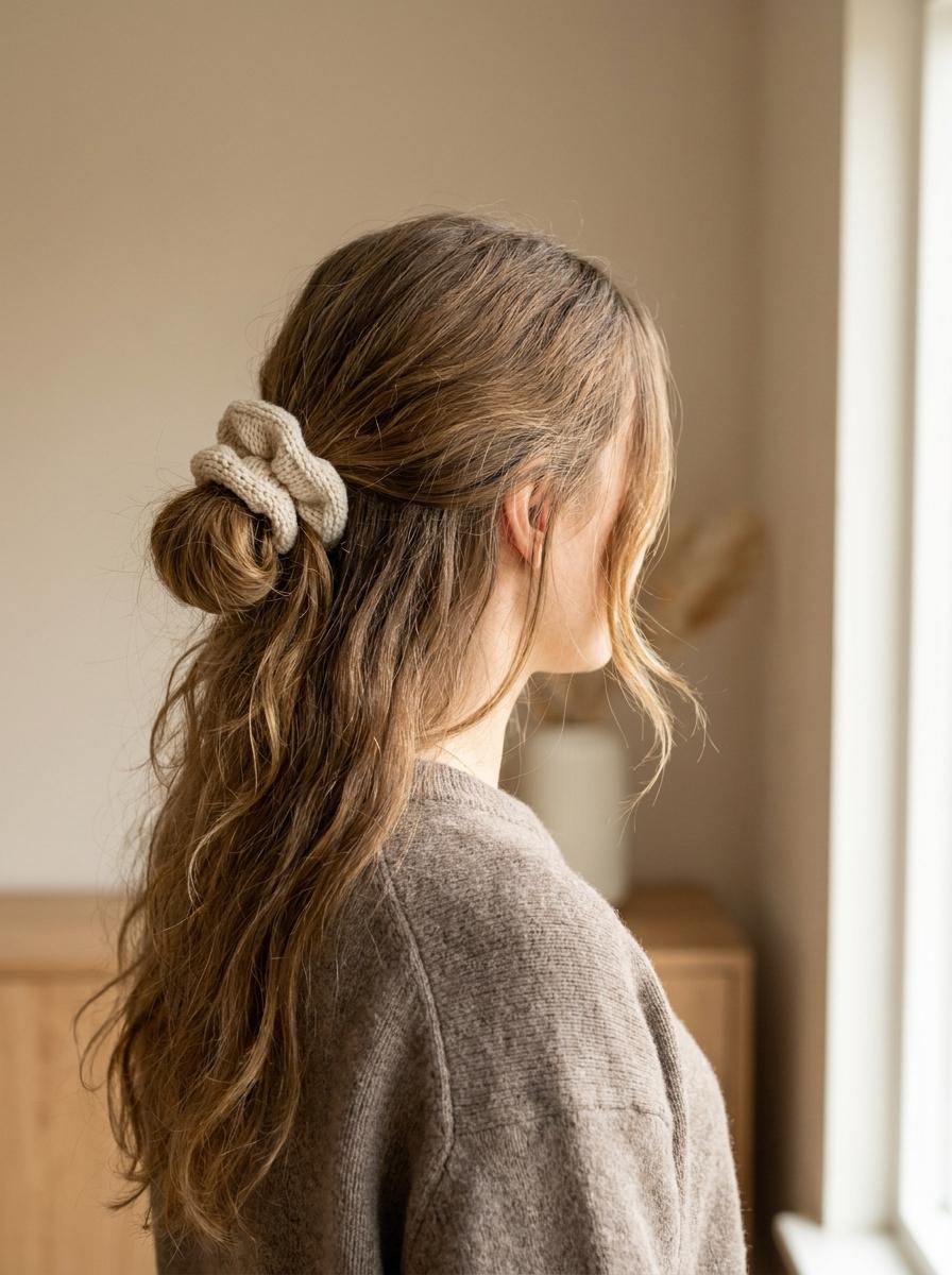 Schneller Dutt mit Scrunchie - einfache Frisur für lange Haare